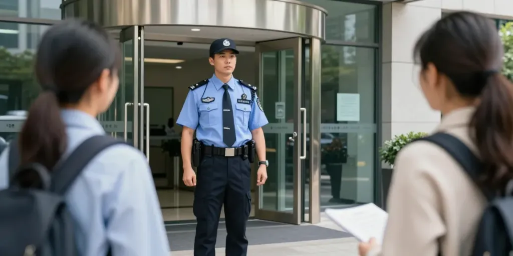 Security guard providing trusted local services at a corporate office.