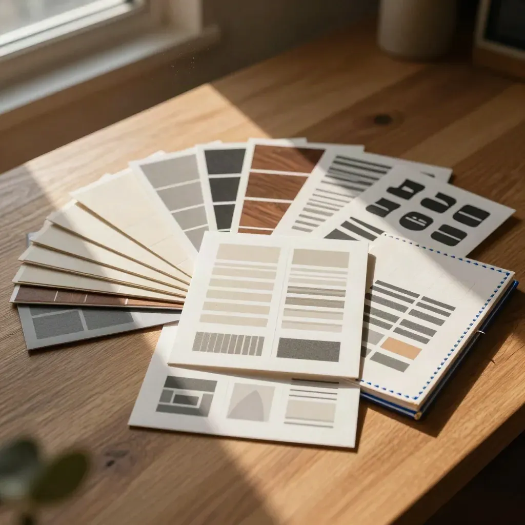 Overhead brand identity flatlay with swatches, type cards, icon tiles and a thread-bound style guide.