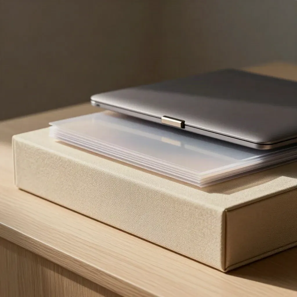 Low-angle close-up of a premium presentation deck kit stacked and settling on a studio plinth.