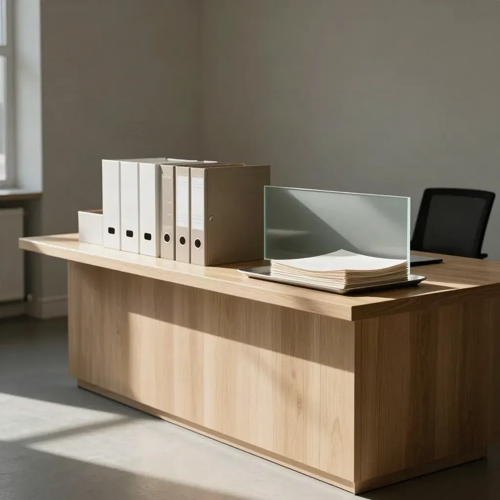 Payroll office reception console with binders, stationery boxes and a frosted acrylic name panel.