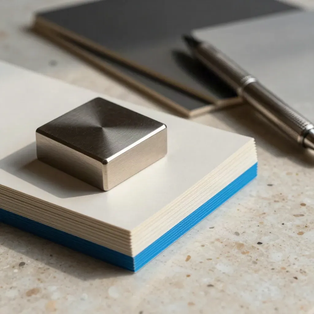 Macro of swatches, steel paperweight, knurled pen and sample board on travertine.