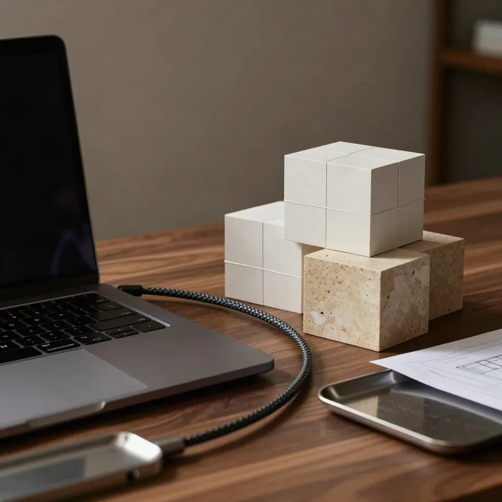 Closed laptop, keyboard, cable and paper wireframe blocks on a walnut studio bench.