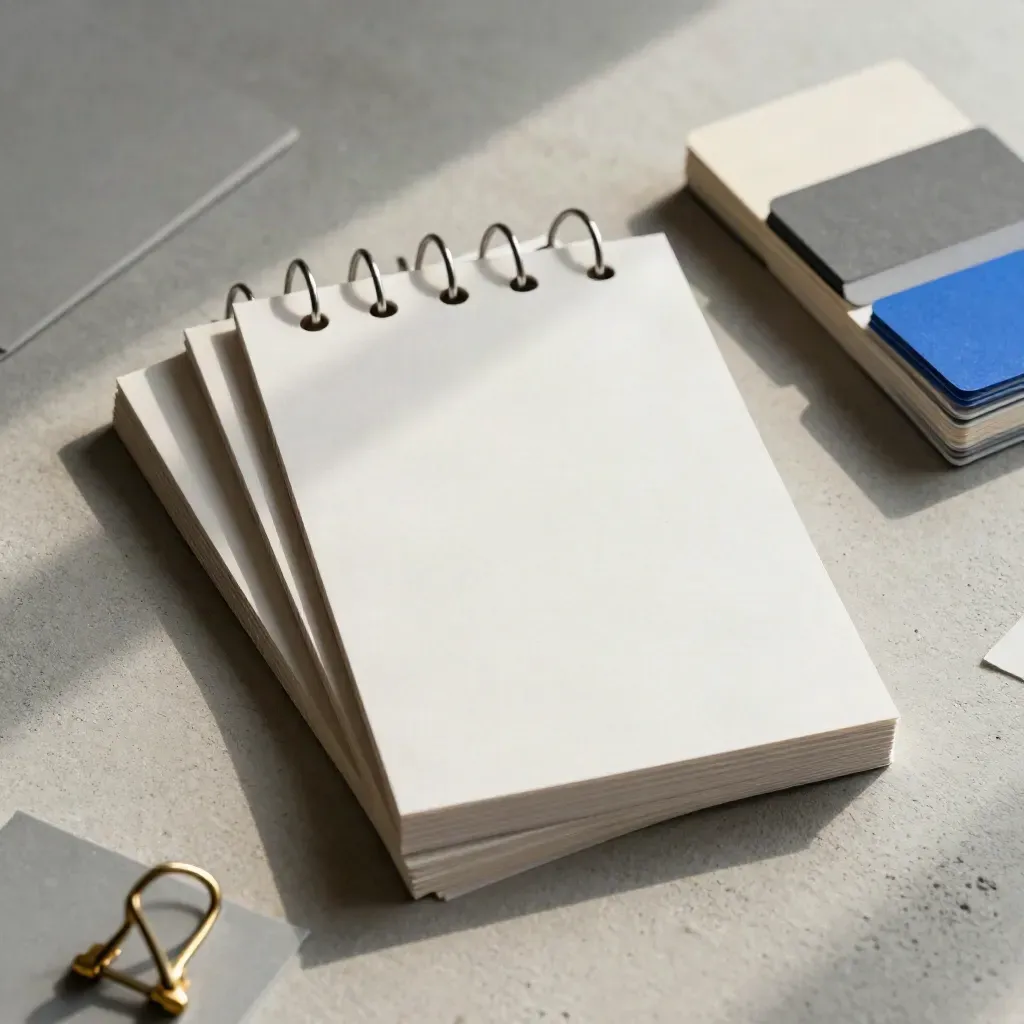 Overhead flatlay of blank project cards, binder rings, brass clasp and sample chips on concrete