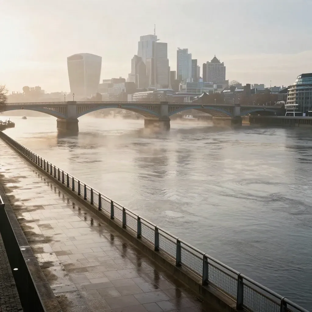 Thames skyline in dawn mist with a low bridge, glass towers and calm river frontage