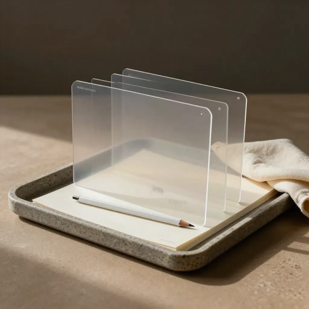 Acetate overlays, proof sheets, pencil stub and cloth on a limestone tray in soft studio light