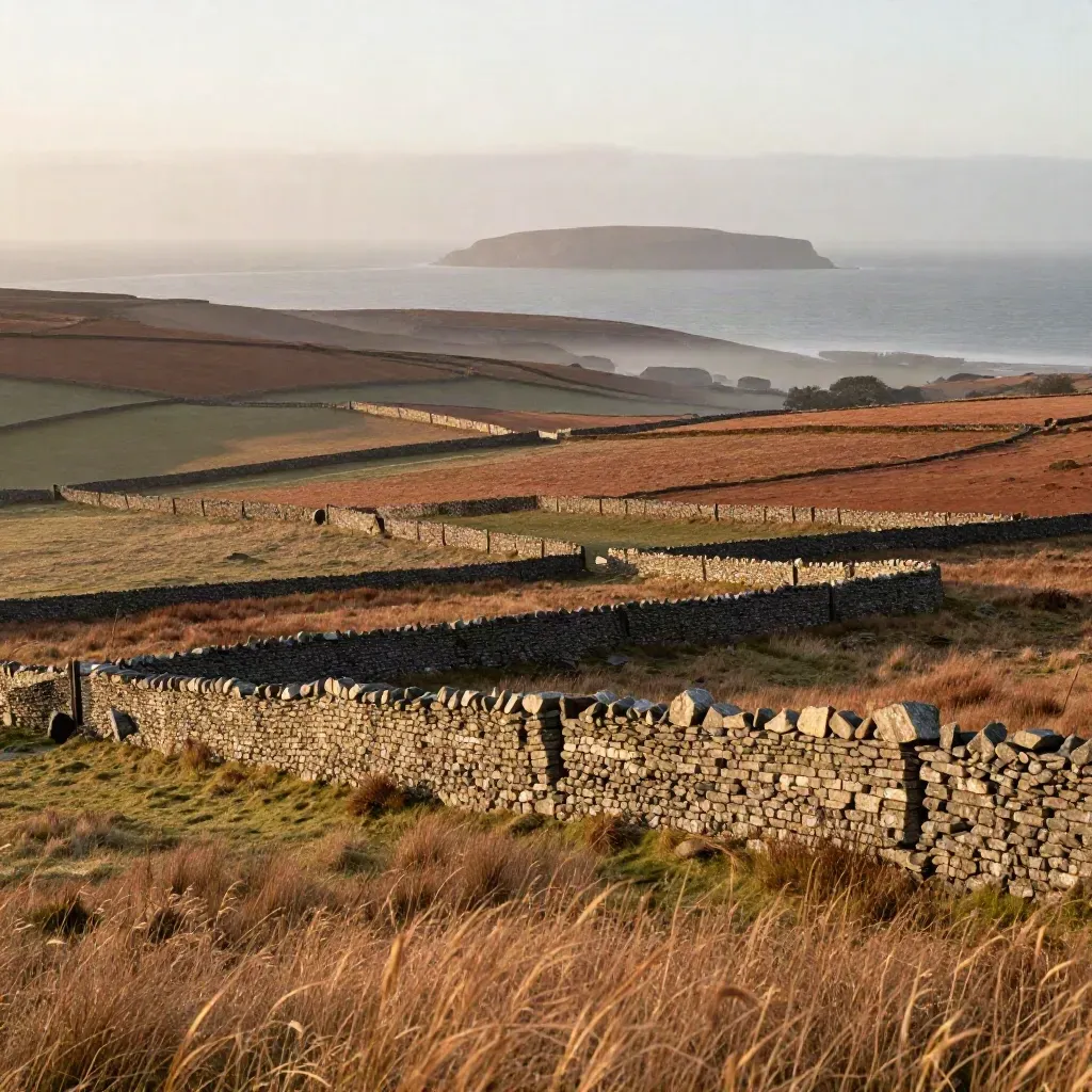 Misty UK fields and stone walls beneath a far coastal headland at sunset.
